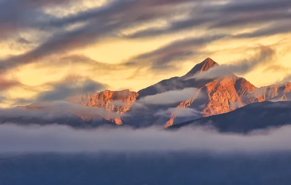 The sky, light, mountains, fog, tops, height, morning