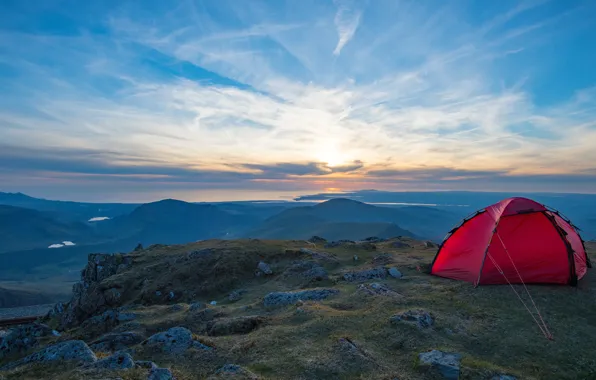 The sky, clouds, mountains, height, tent, tourism