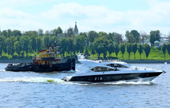 River, shore, yacht, on the go, tugboat pusher