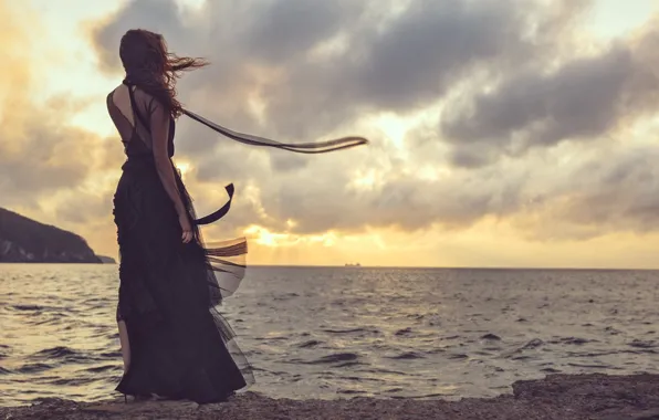 Sea, the sky, girl, pose, the wind, back, the evening, dress