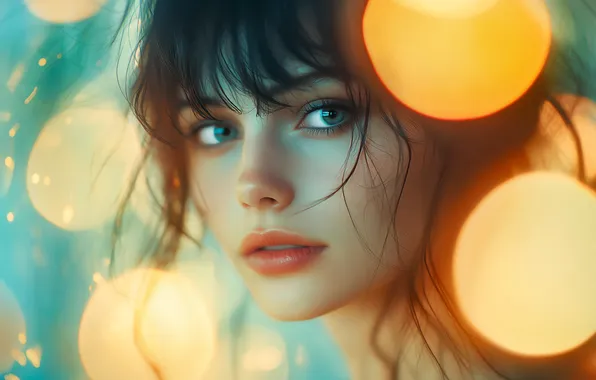 Look, girl, light, lights, portrait, brunette, bokeh, bangs