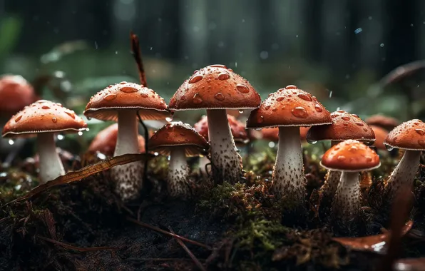 Forest, drops, the dark background, mushrooms, Amanita, a lot, family, AI art