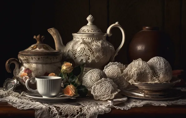 Flowers, table, tea, roses, Cup, dishes, lace, still life