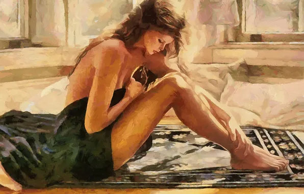 Picture morning, sunny room, naked in a towel, sitting on the mat, artist Steve Hanks, relax, …