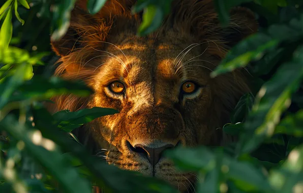 Look, Leaves, Eyes, Leo, Predator, Digital art, Big cat, Closeup