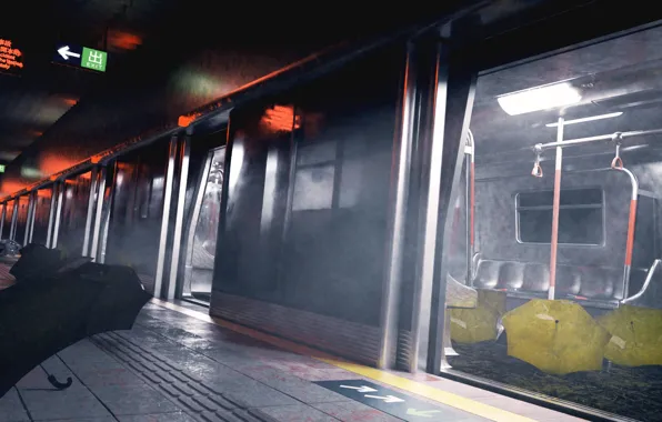 Metro, train, umbrellas