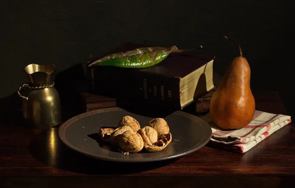 Light, style, the dark background, table, leaf, books, food, towel