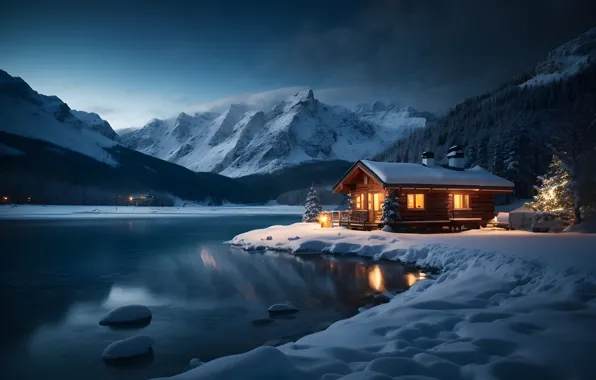 Winter, forest, light, snow, mountains, night, house, shore