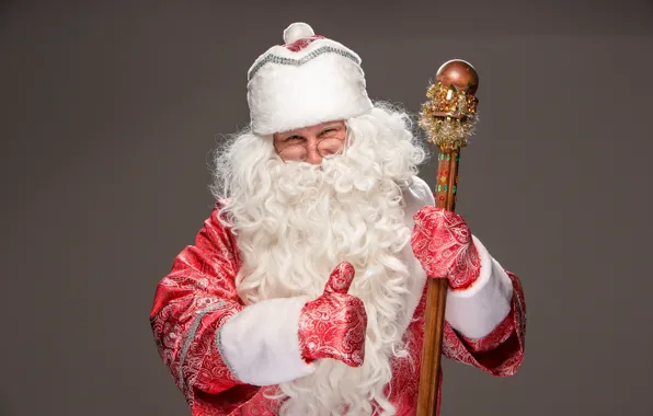 Glasses, Christmas, New year, staff, grey background, Santa Claus, Santa Claus, gesture