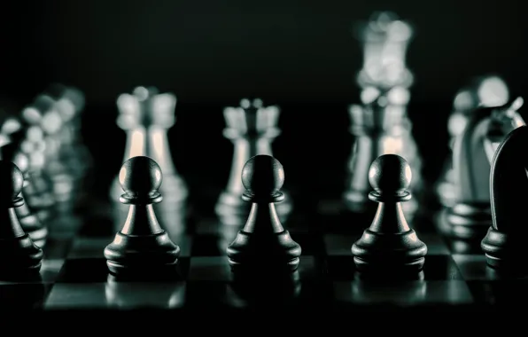 Light, chess, black background, silhouettes, chess Board, bokeh, blurred background, chess pieces