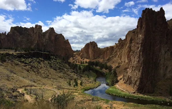 Picture the sky, clouds, mountains, river, USA, Oregon, Smith Rock