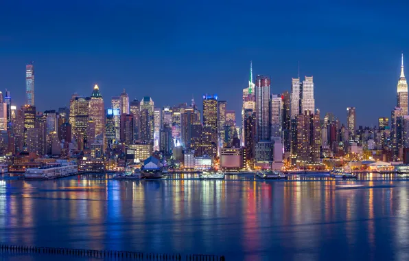 Night, lights, coast, building, New York, skyscrapers, panorama, Bay