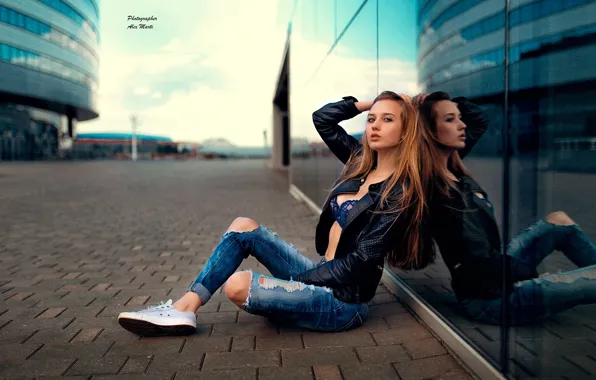 Girl, pose, reflection, jacket, long hair, glass, ripped jeans, Alex Marti