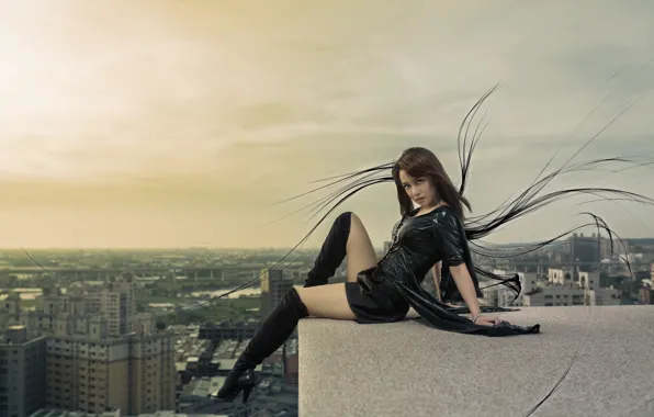 The city, pose, feet, the situation, boots, latex, Asian, on the roof