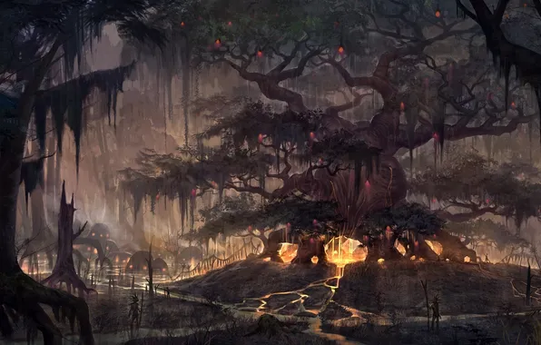 Lights, people, tree, art, river, giant, The Elder Scrolls Online