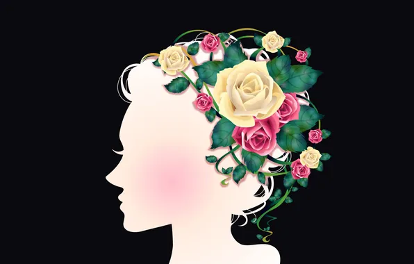 Flowers, roses, Girl, silhouette, profile, wreath, netting