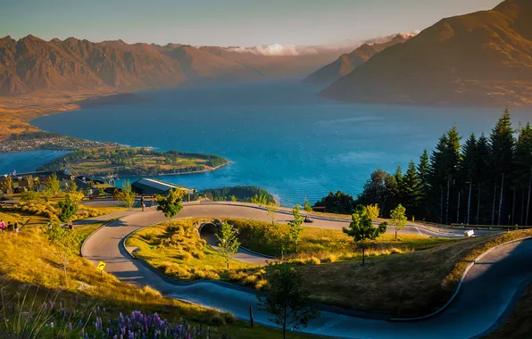 Road, the sky, grass, trees, flowers, mountains, lake