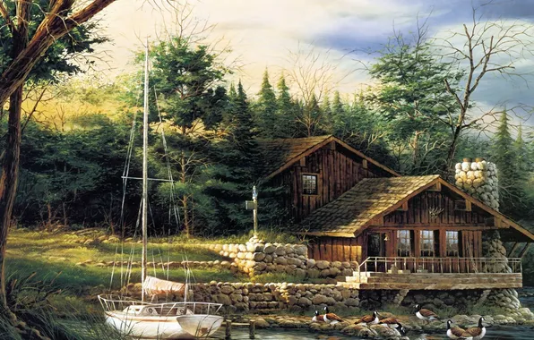 Forest, house, figure, yacht, Summer, Changing Seasons, Terry Redliner