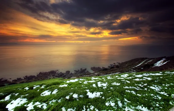 Sea, snow, landscape, sunset