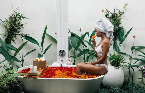Green, girl, flower, care, glamour, female, enjoy, herbal
