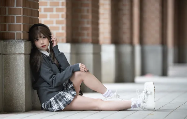 Girl, skirt, legs, Asian, sitting, sweater, tails
