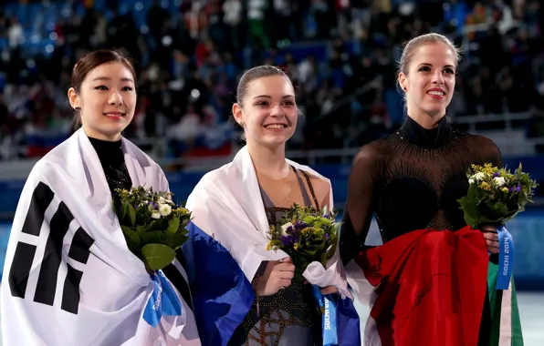 Flowers, smile, flag, figure skating, Italy, Korea, pedestal, RUSSIA