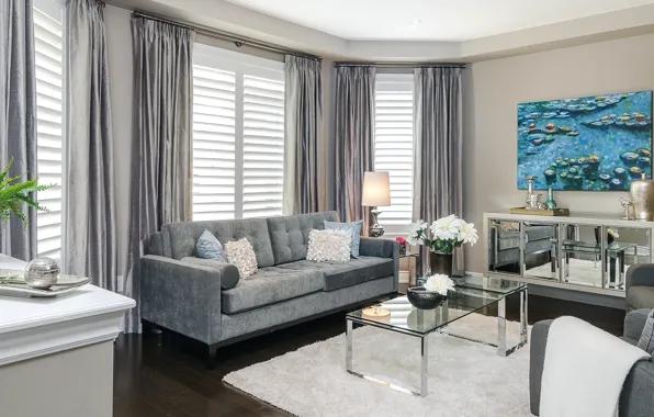 Design, style, sofa, picture, curtains, table, living room