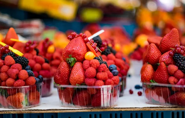 Berries, raspberry, harvest, blueberries, strawberry, container, a lot, BlackBerry