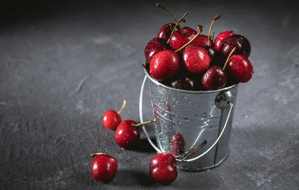 Drops, cherry, berries, red, wet, placer, grey background, cherry