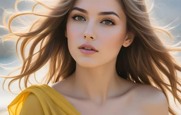Look, girl, portrait, brown hair, flowing hair, Rus, AI art, neural network