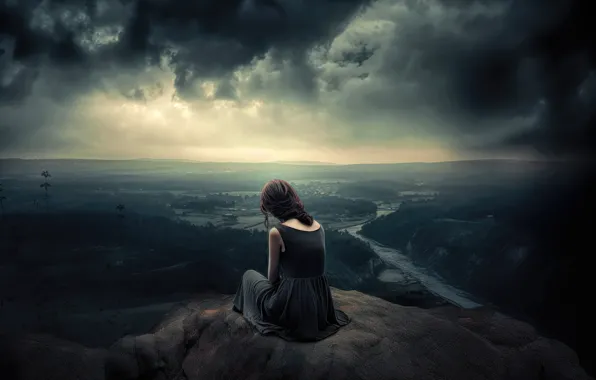 Sadness, forest, girl, mountains, clouds, fog, rock, river