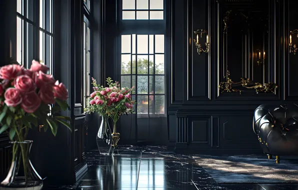 Flowers, roses, interior, bouquets, AI art, neural network