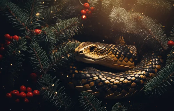 Look, face, light, branches, berries, the dark background, snake, scales