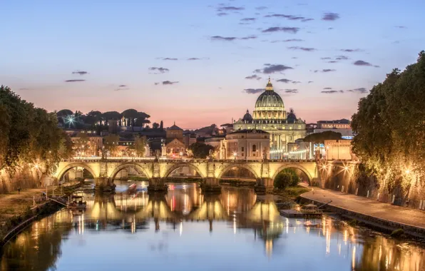 Picture bridge, lights, river, Rome, Italy, The Tiber