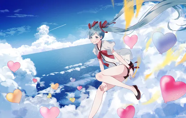 The sky, girl, balls, hearts, Hatsune Miku, Vocaloid