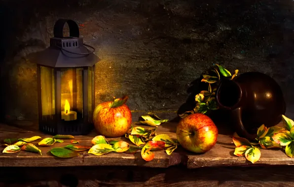 Apples, color, lantern, pitcher, A peep at nature