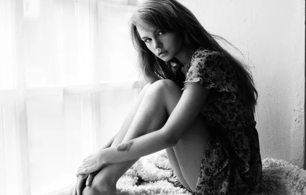 Look, girl, model, dress, blanket, window, black and white, legs
