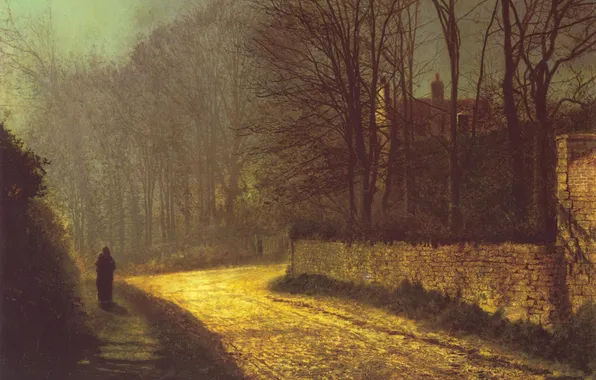 Road, trees, street, people, picture, John Atkinson Grimshaw