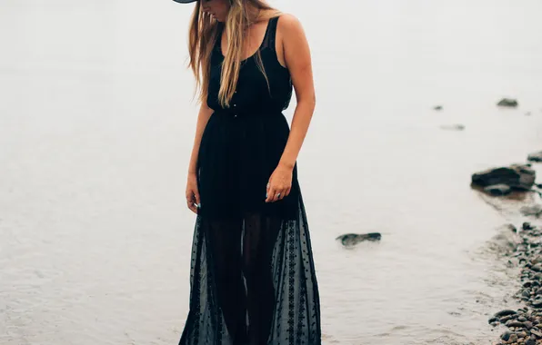 Picture water, girl, shore, hat, dress