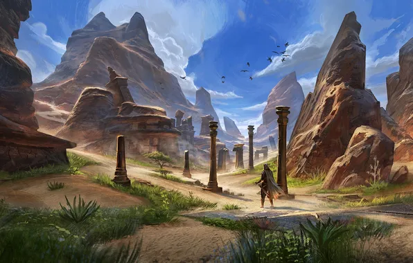 Birds, rocks, people, warrior, columns, ruins, The Elder Scrolls Online