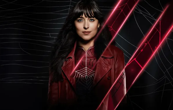 Picture look, girl, red, the film, brunette, cloak, Dakota Johnson, Madame Web