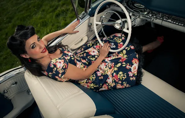 Picture look, girl, smile, makeup, dress, brunette, convertible, car