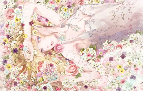 Girl, flowers, hands, blonde, lies, crystals, blue eyes, chemise