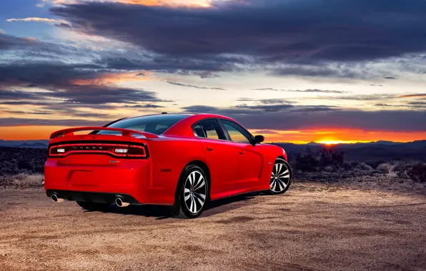 Picture Sunset, The sky, Red, The evening, Auto, Dodge, Sedan, Dodge