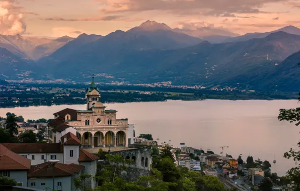 Mountains, the city, lake, Switzerland, Ticino, Locarno, The monastery Madonna del Sasso, Madonna del Sasso …