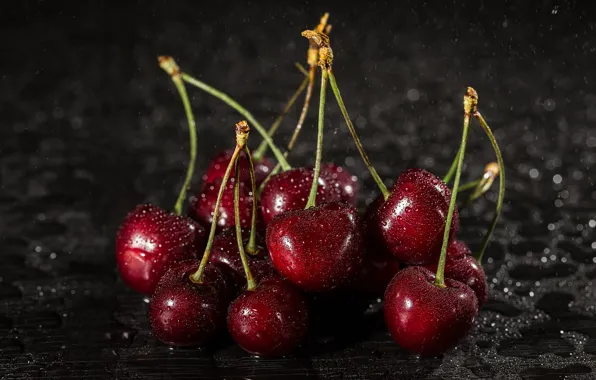 Water, drops, cherry, berries, the dark background, table, moisture, red