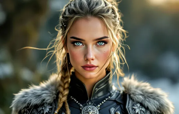 Look, girl, portrait, armor, fantasy, blonde, braids, fur