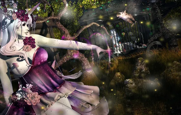 Girl, flowers, stones, rendering, tree, the fence, dress, creatures