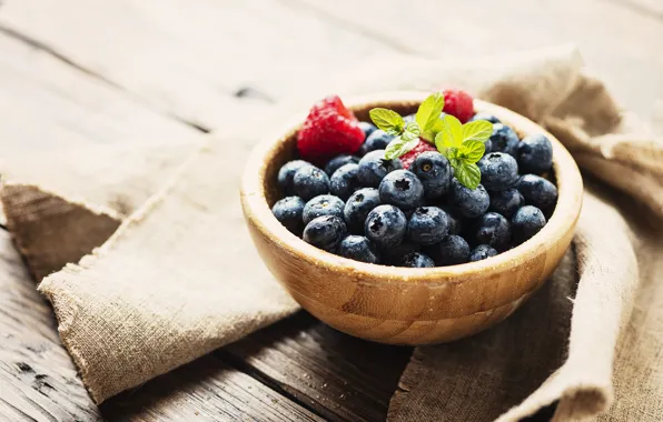 Berries, table, blueberries, bowl, wooden, Oxana Denezhkina