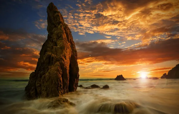 Sea, beach, sunset, rocks